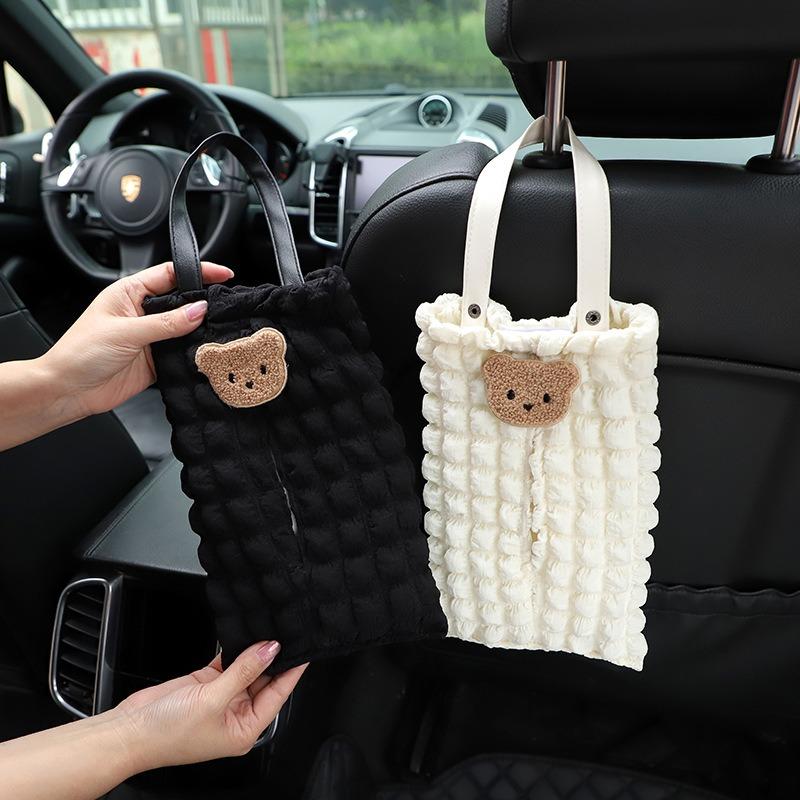 Car Hanging Tissue Box Puff Grid Cartoon Bear For Car Use