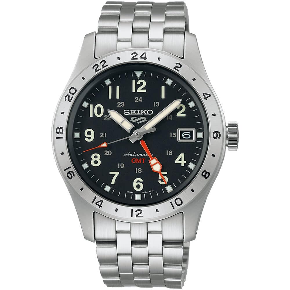 SEIKO Automatic Watch 5 Sports Collection Sports Stainless GMT Hands 100M Water Men's - - Men's Watch, Steel, - Resistant, Black, Casual.