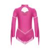 Girls Sparkly Rhinestone Fringe Leotard Mock Neck Long Sleeve Keyhole Back Tassels for Latin Dance Stage Costume