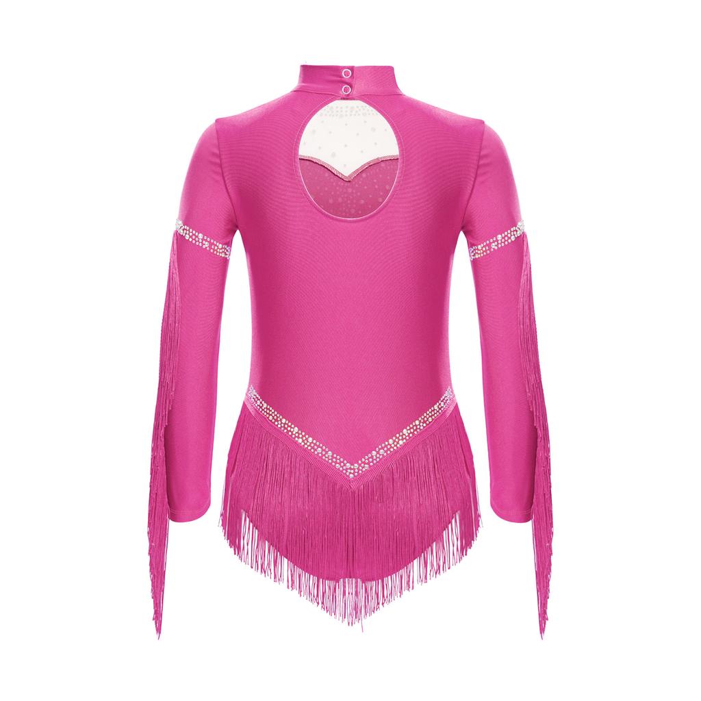 Girls Sparkly Rhinestone Fringe Leotard Mock Neck Long Sleeve Keyhole Back Tassels for Latin Dance Stage Costume