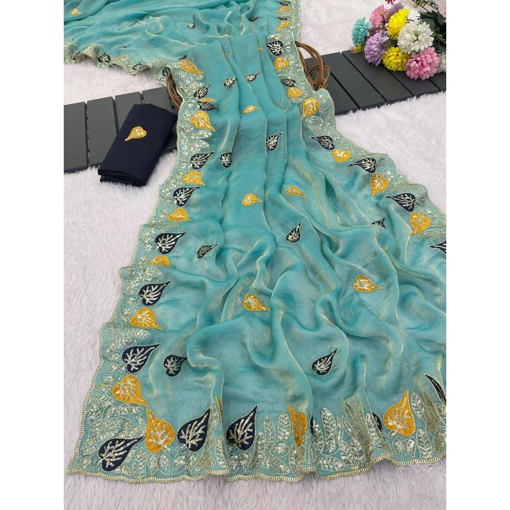 Чистые мягкие атласные сари Fandy с потрясающими пайетками 3 мм и многоцветной вышивкой нитями