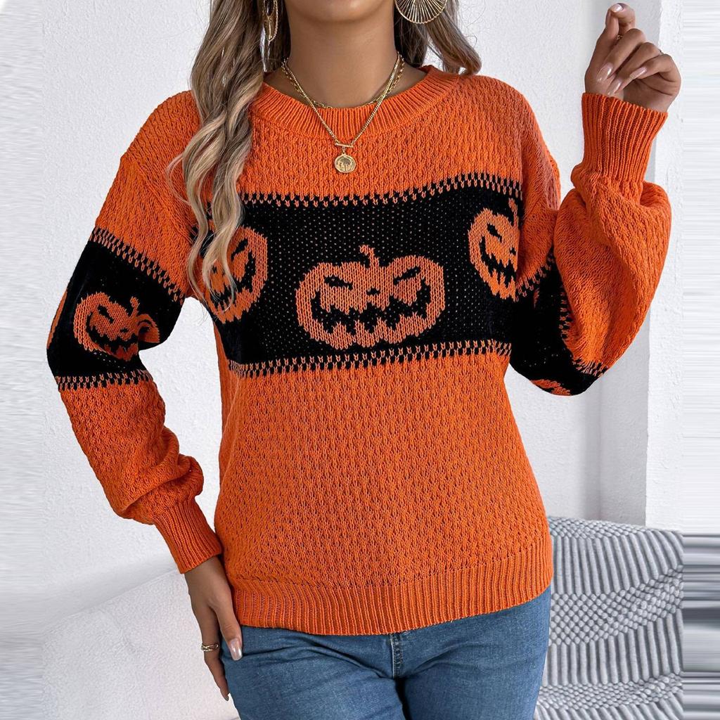 Женская мода повседневный свободный свитер контрастного цвета на Хэллоуин с длинным рукавом пуловер топ