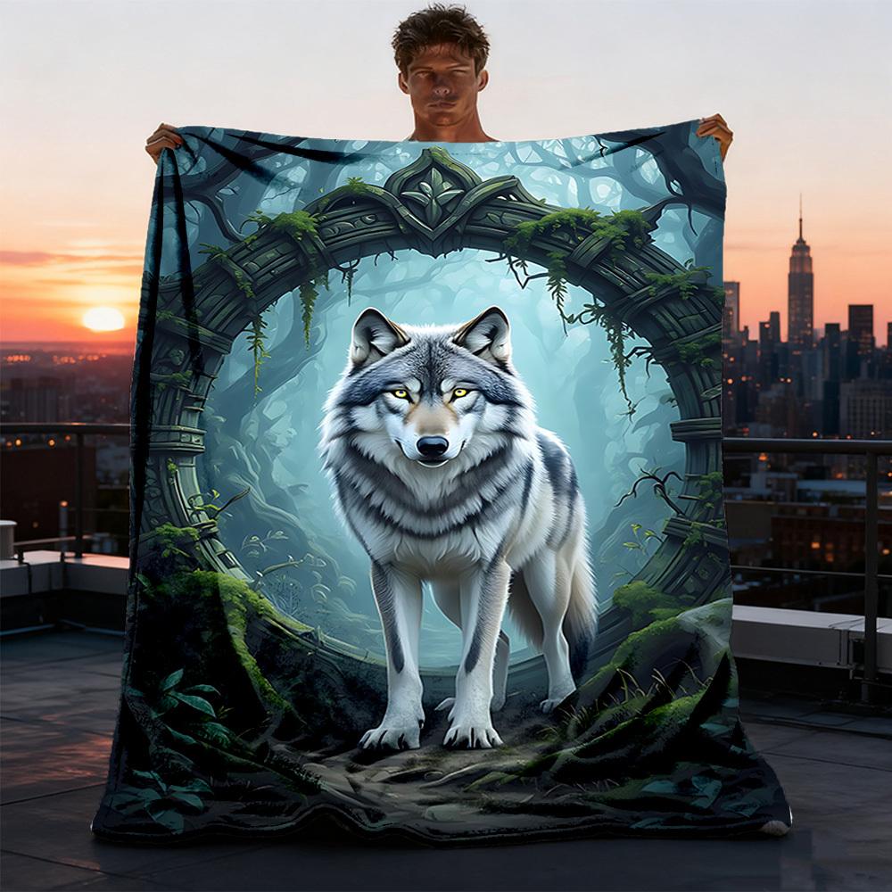 1pc Wolf Forest Outdoor Blanket - Soft Flannel Cozy for Travel & Camping - All-Season Warm Bed Cover, Machine Washable yy251229074