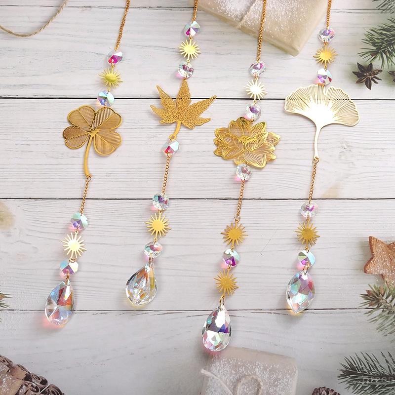 Sun Catcher Clover Ginkgo Leaf Window Hanging Wind Chimes Ornaments Light Catcher Crystal Prism Rainbow Maker Pendants Decor