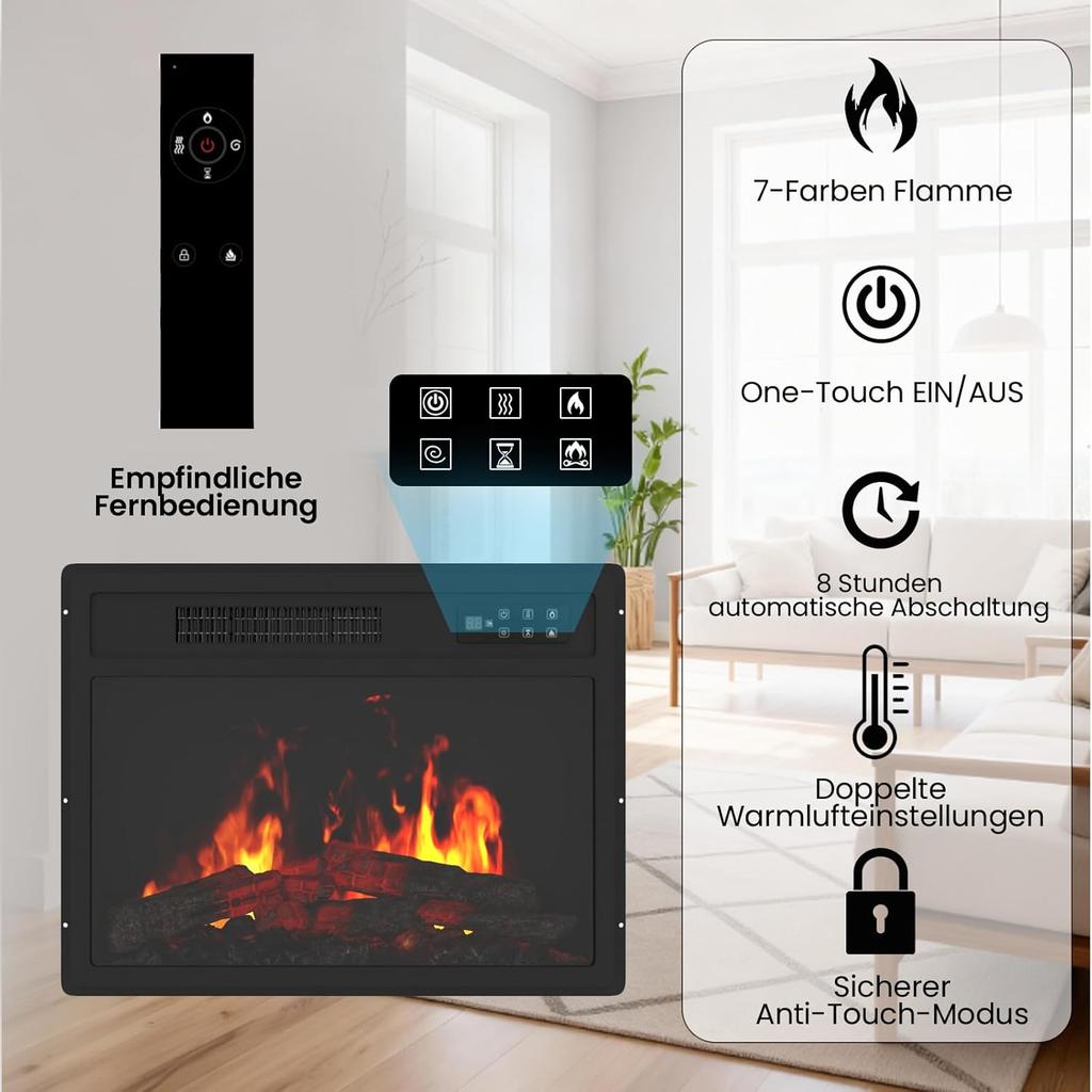 YODOLLA Electric Fireplace Heater - 7 Flame Colors, 5 Dynamic Levels, 2 Heat Settings (750/1500W), 8H Timer, Child Lock, Quiet Operation - Black