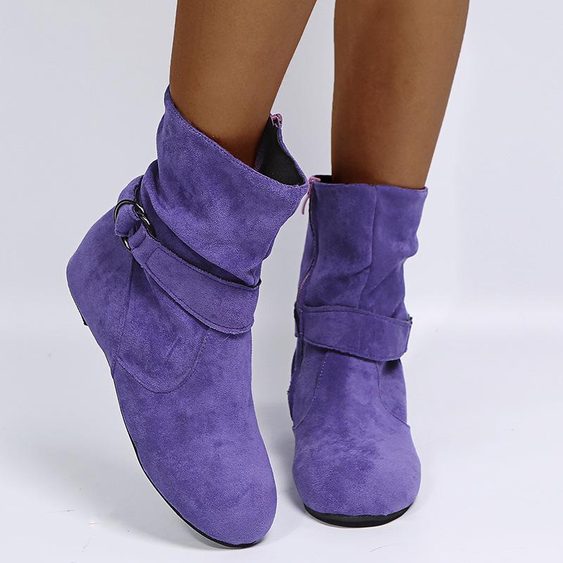 Women's Elastic Ankle Boots, Solid Color Round Toe Side Zipper Boots, Comfortable Flat Boots