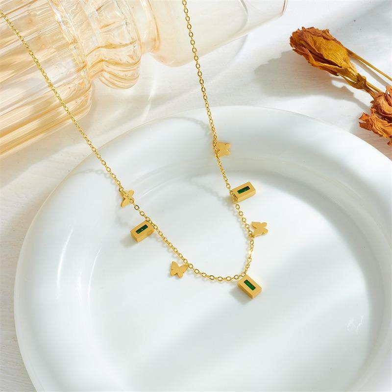 Gold Plated Butterfly Emerald Necklace, Stainless Steel Green Zircon Choker, Dainty Green Gem Jewelry for Women Gift