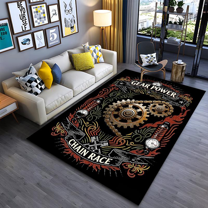 Industrial Gear Design Carpet with "Gear Power" and "Chain Race" Print Suitable for use as an anti-slip for living room bedroom sofas