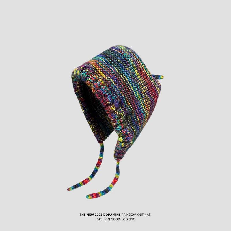 Autumn and winter Internet celebrities new rainbow knitted hat plush edge strap wool hat trend simple Lei Feng hat warm
