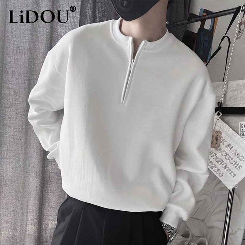 Spring Autumn Korean Casual Fashion Zipper Sweatshirt Man Business Loose All Match Male Pullover Tops Solid Streetwear Clothes