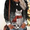 Plus Size Casual T-shirt, Women's Plus Cat Print Long Sleeve Round Neck T-shirt