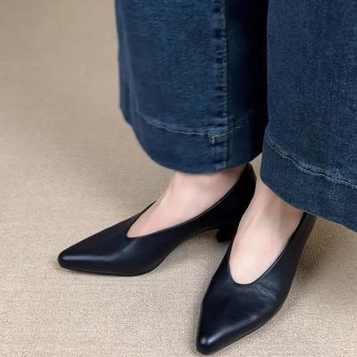 Новые неглубокие ретро通勤 темперамент высокие каблуки женские туфли на одной педали простые неглубокие туфли бабушки черные одинарные туфли