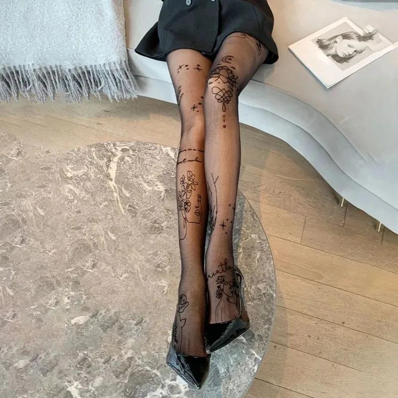 Женские сексуальные колготки с узорчатыми татуировками, колготки с надписями, цветочные буквы, женские тонкие длинные черные чулки