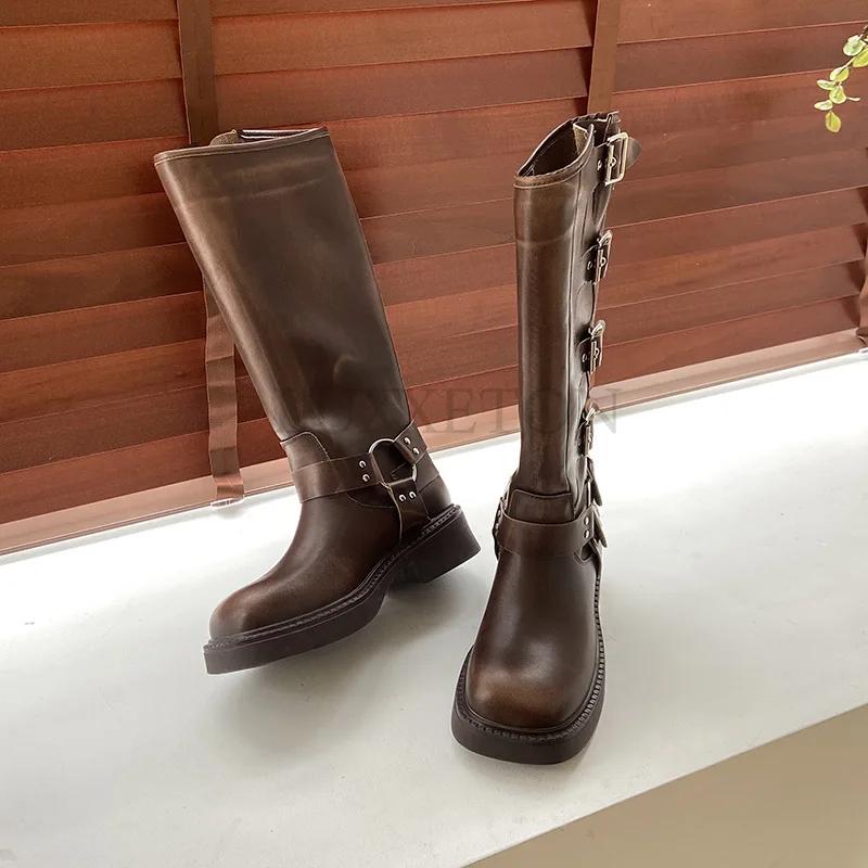 Мода Платформа Ботинки Combat Молния Chuny Heel Пряжка Винтаж Мода Повседневный Роскошь Дизайнер Western Mid Calf Boots Обувь Женщина