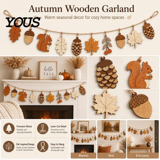 Tactile Wooden Wall Art Fall Garland Decor, Rustic Autumn Hanging Ornament with Squirrel Handmade Maple Leaf Pinecone, Harvest