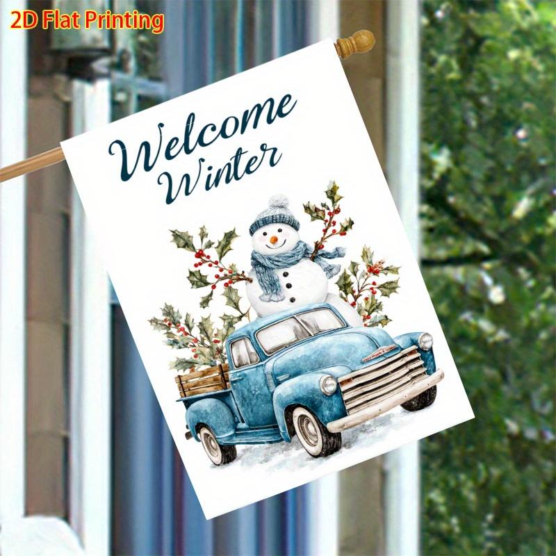 2D Flat, 2D Flat,2D Flat, 2D Flat,1pc Large Double-Sided Winter Christmas Flag - Vintage Truck & Snowman Scene with Holly - Heavy-Duty Polyester Outd