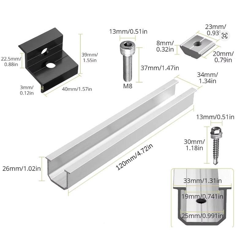 12 Pcs Solar Panel Bracket Kit Aluminium Mounting Rail 30mm/35mm End Clamps Brackets for Flat Roof PV Mounting Rail