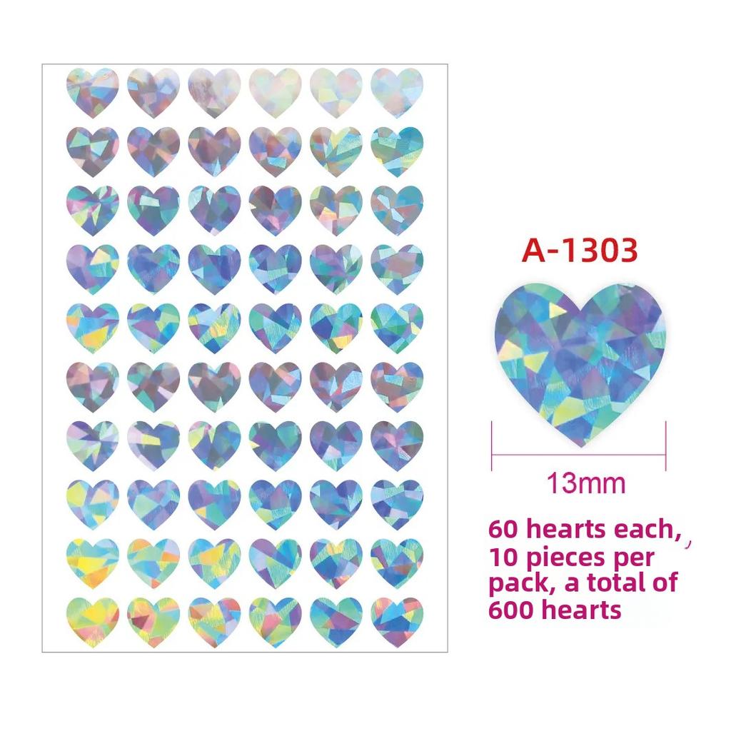 600pcs/10 Sheets Laser Hearts Love Stickers Glitter Adhesive Heart Sticker Labels For Student Planner Scrapbook