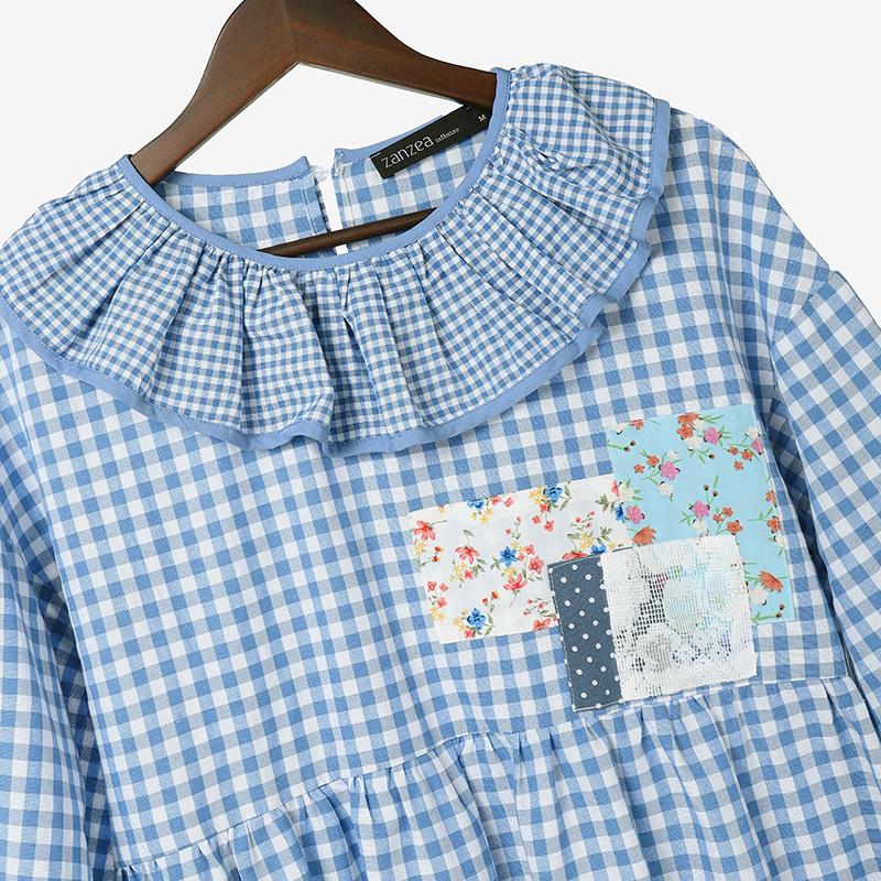 ZANZEA Женская повседневная блузка с оборками, круглым вырезом, свободным длинным рукавом и клетчатым принтом