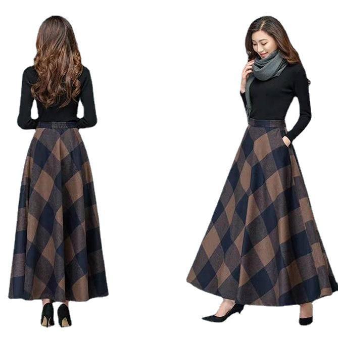 High Waist Woolen A-line Long Skirt - Women's Waist Slimming Big Swing Design