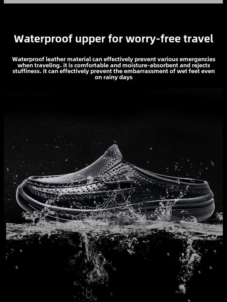 Men's Casual Leather Slip-On Toe Slippers, Large Size 46, Stylish and Comfortable for Summer.