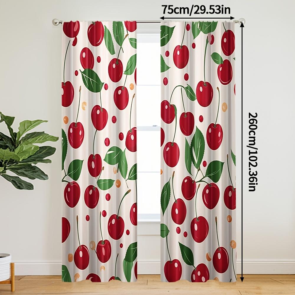 Cartoon Red Cherry Curtains, Fresh Fruit Leaf Dot Pattern White Drapes for Bedroom Kitchen Living Room Farmhouse Home Decor