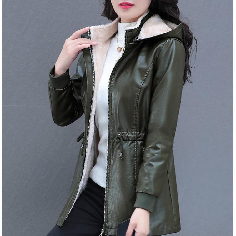 Autumn Winter Women's Fleece Leather Jacket Slim Plus Velvet Hooded Leather Biker Jacket Thick Flocked Leather Coat