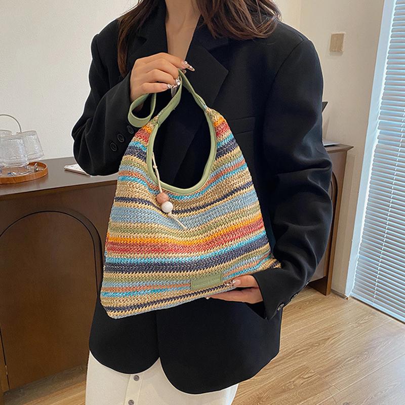 Chic Striped Woven Shoulder Bag for Girls Women Large Capacity Summer Beach Straw Tote Bag for Everyday & Vacation Use KTY