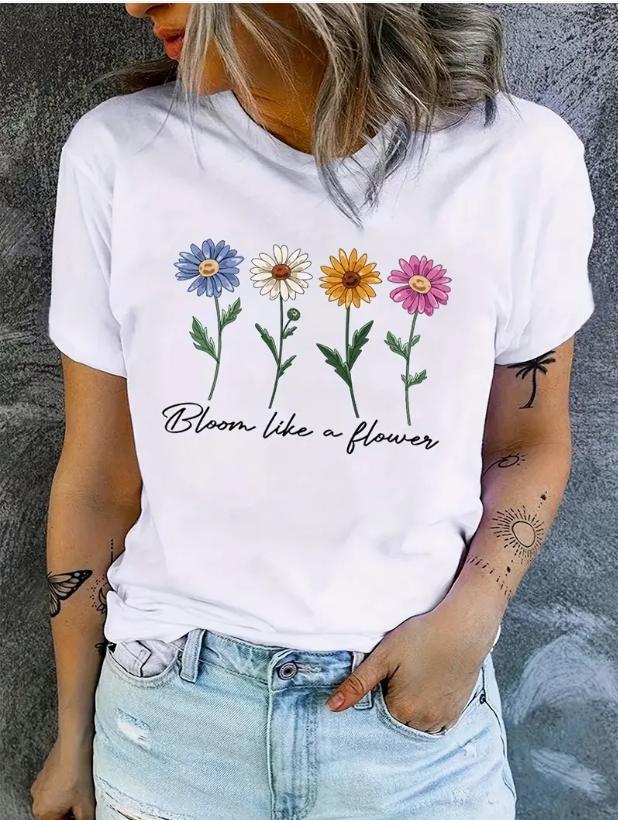 Fashion Women Minimally Colored Chrysanthemums Print T Shirt Funny Casual O-neck Short Sleeves T-shirt Summer Female Tee Shirt