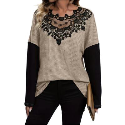 Женский свободный и удобный топ с кружевной вставкой, ажурный, свободного кроя, с длинными рукавами