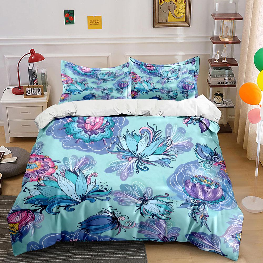 Dreamy Blue and Purple Floral Pattern Print Bedding Set 1 Duvet Cover 2 Pillowcases for Adult and Children Luxury Gift Full Size