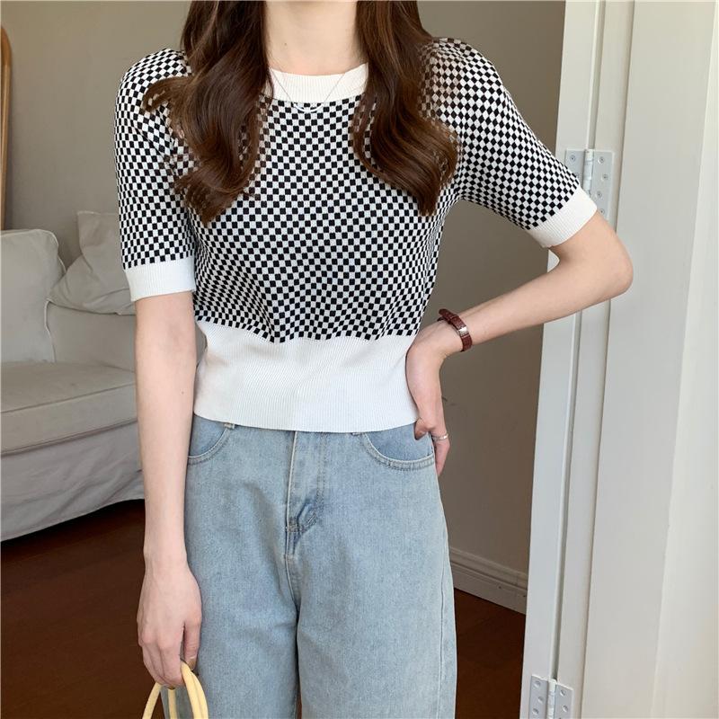 Летняя ретро-клетчатая цветная блокировка с коротким рукавом, трикотажная женская повседневная нижняя рубашка, топ, повседневные летние базовые вещи, комфорт и стиль, облегающие пуловеры, футболки