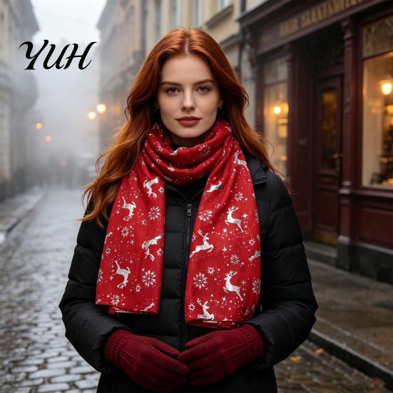 Elegant Hot Stamping Scarf Christmas Theme for Women, Glitter Sparkly Foil Reindeer Decorative Holiday Winter Wrap Print Scarves, Lightweight