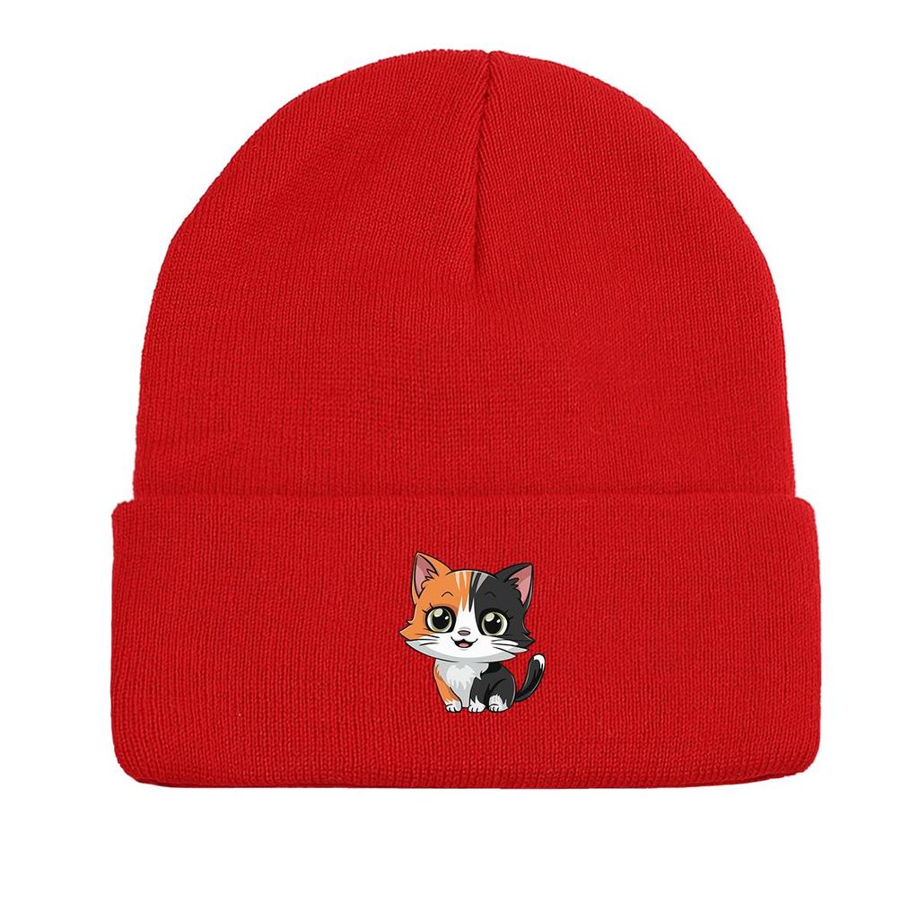 Cat Print Knitted Cap Beanie, Animal Woman Cap Lightweight Thermal Sporting Headwear Knit Hat Beanie