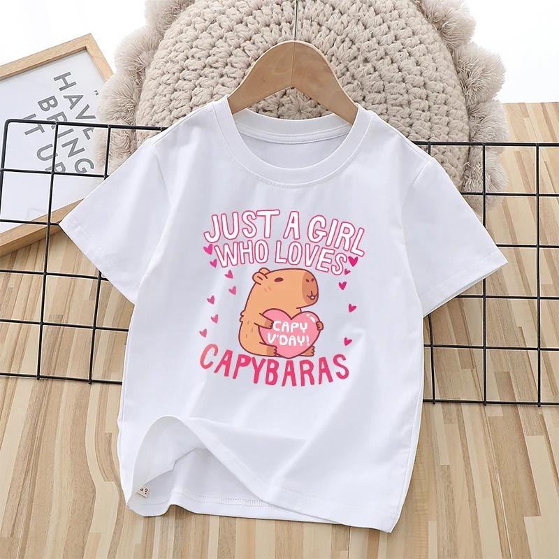 Capybara Child Short Sleeve T-shirt Girls Cartoon Capybara Letters A-Z Cotton Tops Kawaii Summer Casual Tees Kids Birthday Gifts