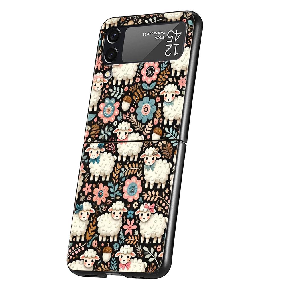 Hard PC Phone Case For Samsung Galaxy Z Flip 7 6 5 4 Black Cover For Galaxy Z Flip 3 Foldable Capas Cute Little Lamb Angel Sheep