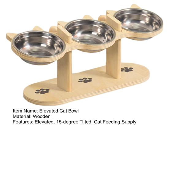 Приподнятые миски для кошек с 3 мисками из нержавеющей стали, наклоненная на 15 градусов приподнятая миска для кошачьего корма с деревянной подставкой, противорвотная кормушка для домашних кошек