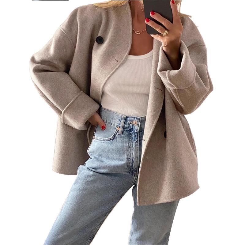 Женское винтажное элегантное теплое шерстяное пальто осень-зима повседневное двубортное однотонное пальто шикарный воротник-стойка верхнее пальто для поездок на работу