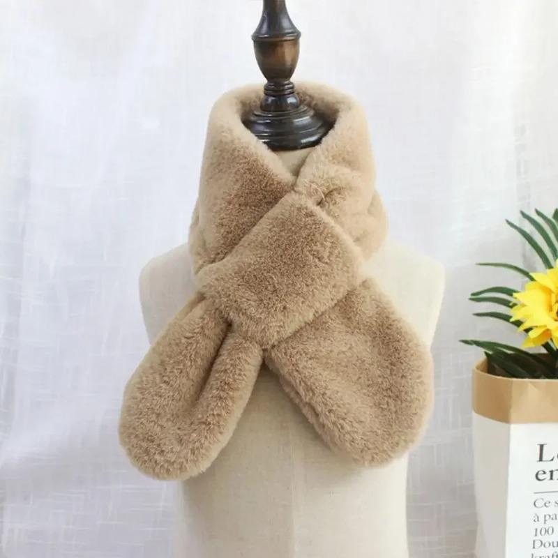 Детский зимний теплый утолщенный шарф с перекрестным воротником для мальчиков и девочек, однотонный искусственный мех кролика, плюшевый милый платок-шарф