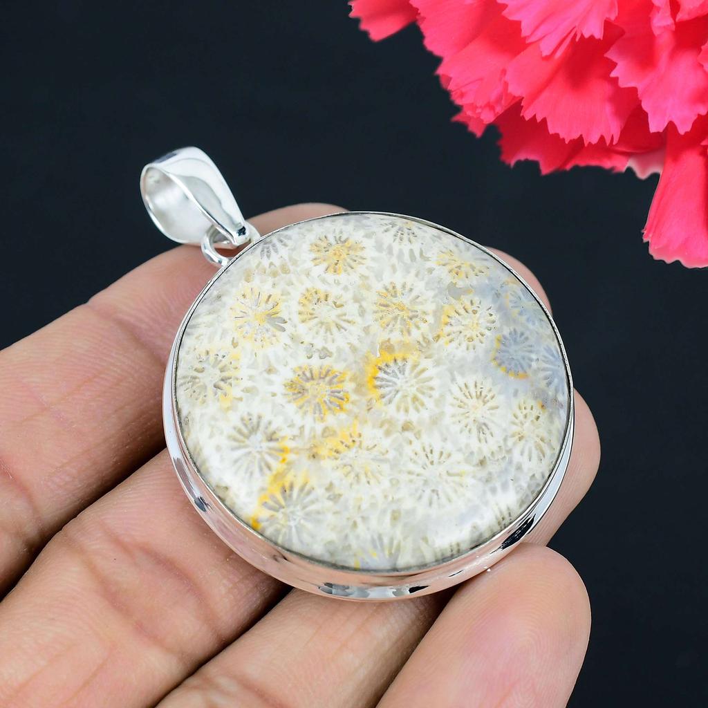 Кулон из ископаемого кораллового драгоценного камня, твердый кулон из стерлингового серебра 925 пробы, ювелирный подарок для унисекс