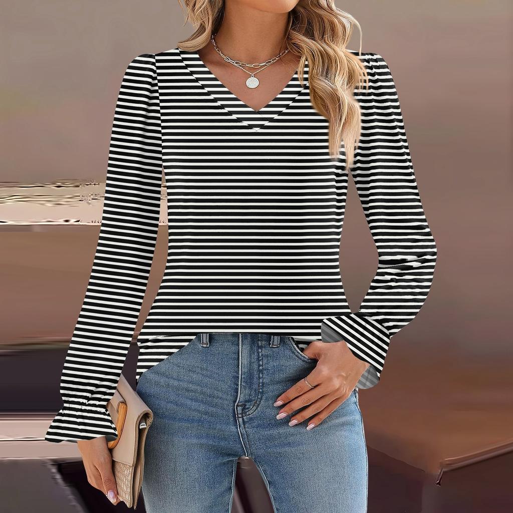Женский повседневный топ с длинными рукавами и полосатым принтом, с v-образным вырезом