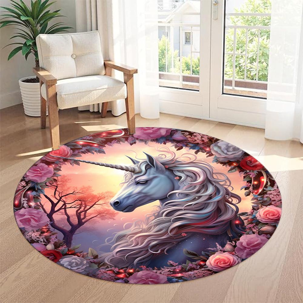 Unicorn Round Area Rug Perfect for Playrooms Entryway Dormitory Study room Antislip Round Carpet Decorate Offices Birthday Christmas Gift