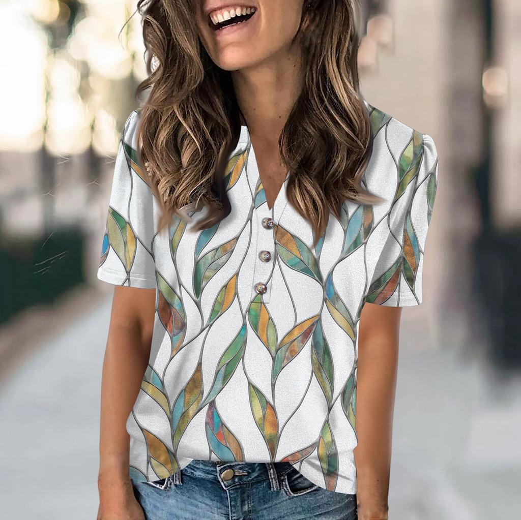 Women's Fashion Casual Flower Print V-neck Short Sleeve Button Up T-shirt Top
