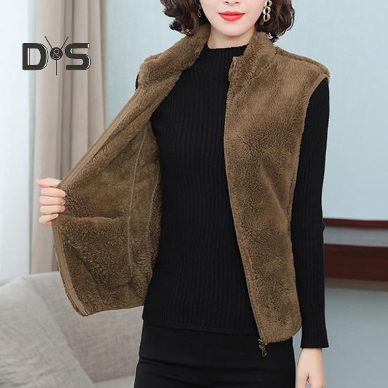 Женский осенне-зимний однотонный плюшевый жилет с воротником-стойкой, карманы без рукавов, карманы на молнии, утолщенный двухсторонний флисовый жилет, пальто