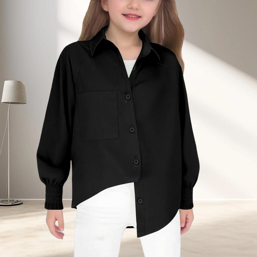 Детская мода Цвет Свободный крой Для девочек Удобная рубашка с длинным рукавом Топ Для детей постарше