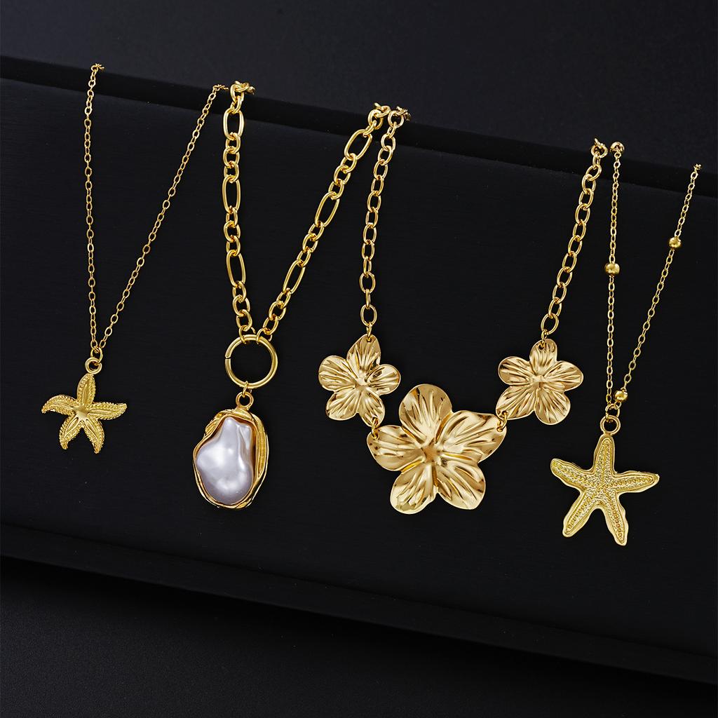 New Flower Starfish Imitation Pearl Pendant Necklaces for Women Fashion Gold Color Multilayer Necklaces Sets Party Jewelry Gifts