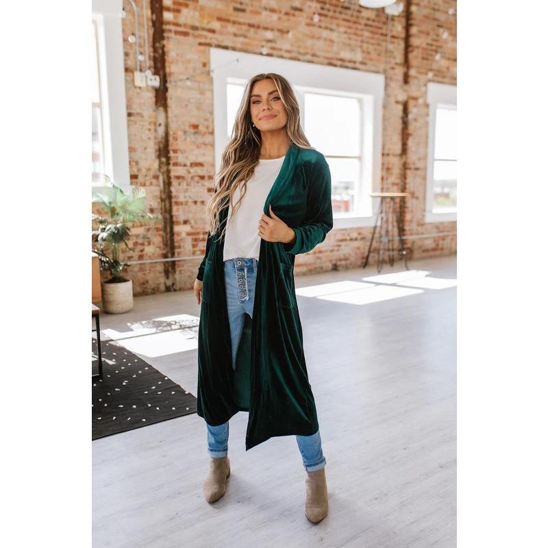 Длинный бархатный кардиган без пуговиц, пальто, однотонная свободная шаль с длинными рукавами для женщин