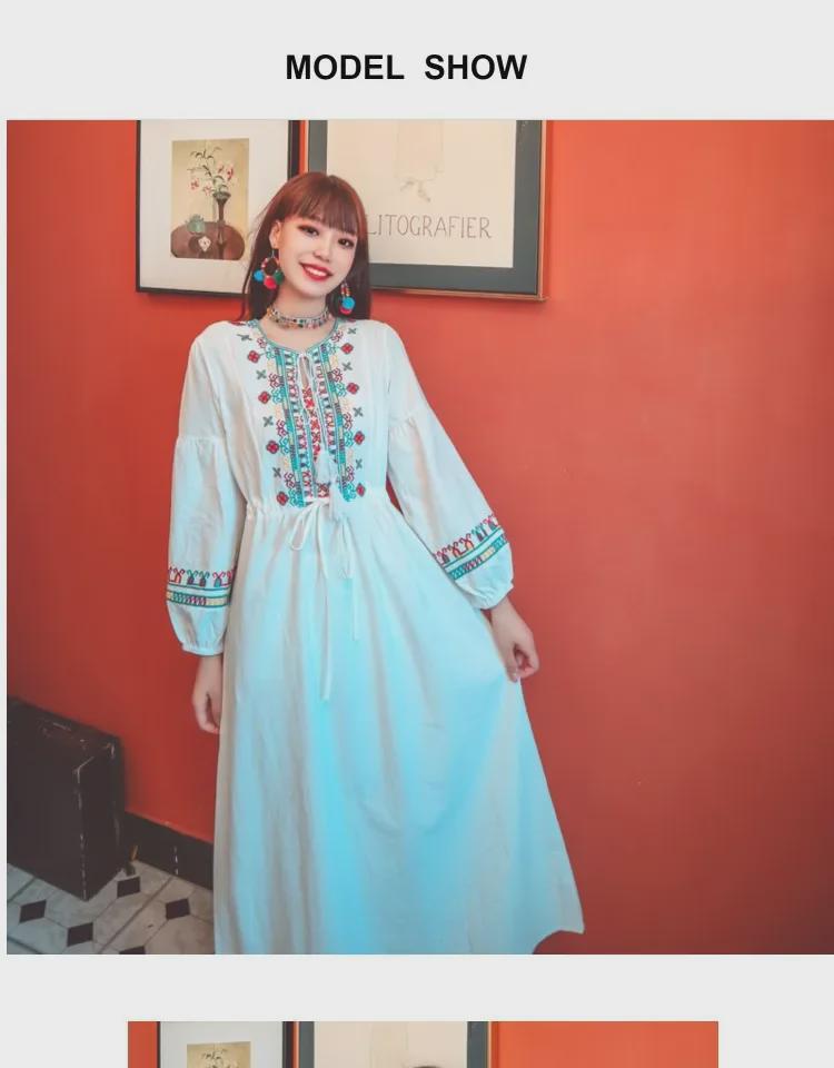 2023 National Style Red Print Slim Fit Cotton Linen Cardigan Dress