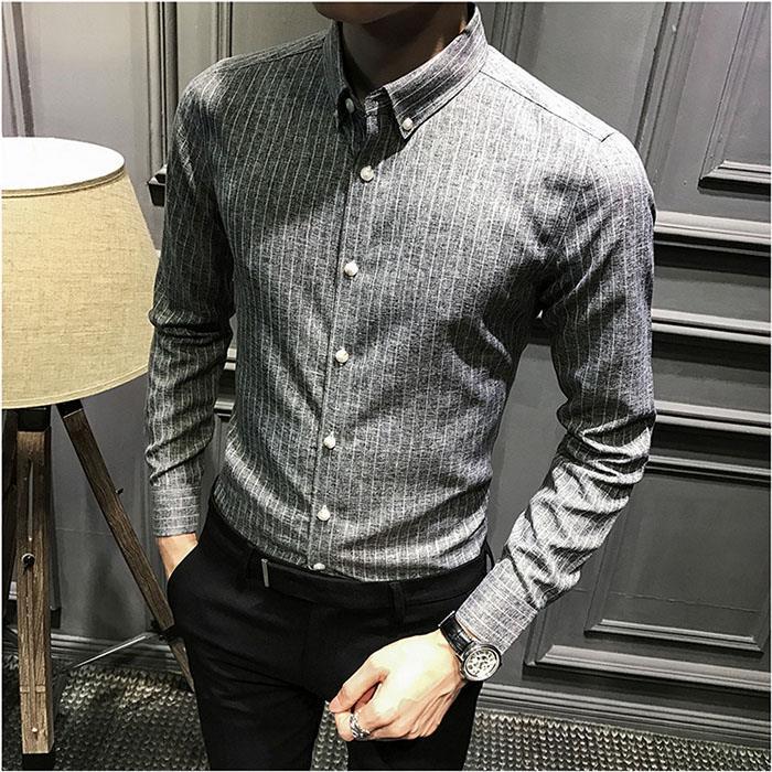 Men Dress Shirts Men Dress Vertical Stripe Streetwear Slim Men Shirt Casual Long Sleeve Shirt