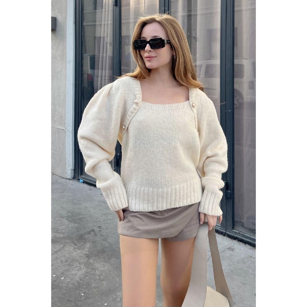 Women's Square Collar Button Patterned Knitwear Sweater